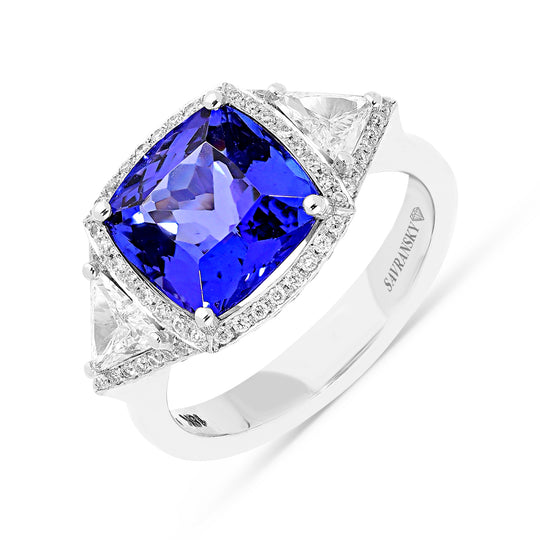Cushion Cut Tanzanite Three Stone Ring - 5.73 Carat
