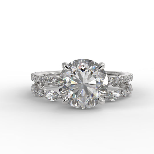 Round Brilliant Cut Hidden Halo Pave Band Engagement Ring Bridal Set - 404