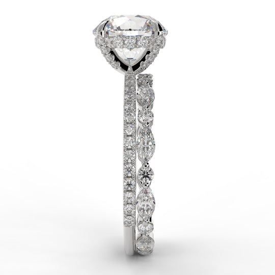 Round Brilliant Cut Hidden Halo Pave Band Engagement Ring Bridal Set - 404
