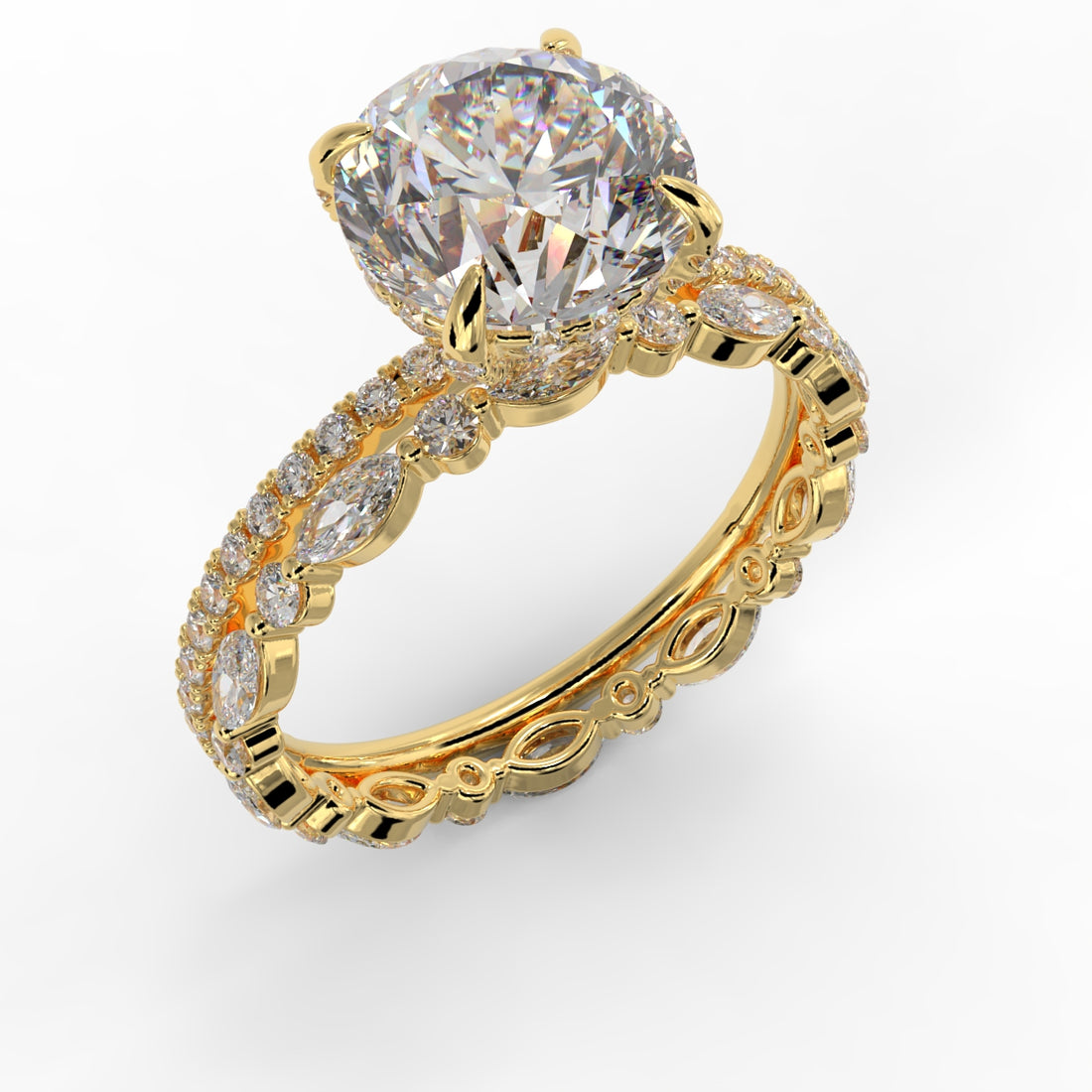 Round Brilliant Cut Hidden Halo Pave Band Engagement Ring Bridal Set - 404