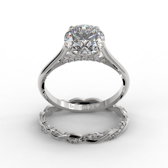 Round Brilliant Cut Hidden Halo Pave Cathedral Engagement Ring Bridal Set - 405