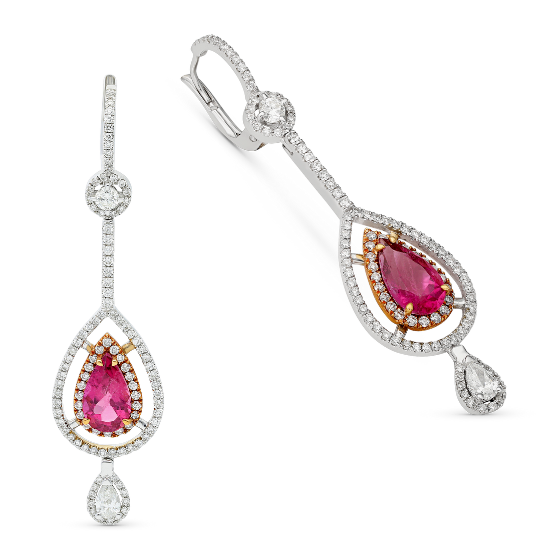 Pear Shaped Pink Tourmaline and Diamond Dangle Earrings - 4.6 Carat