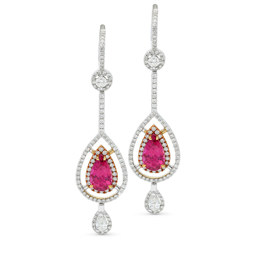 Pear Shaped Pink Tourmaline and Diamond Dangle Earrings - 4.6 Carat