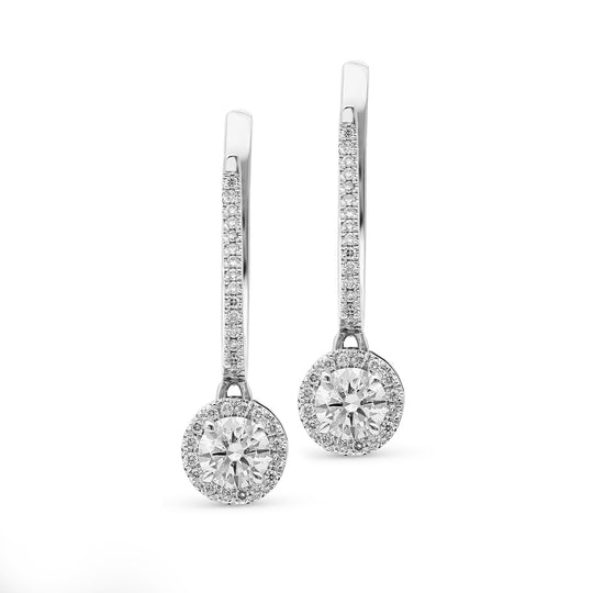 White Gold Round Brilliant Cut Diamond Halo Drop Earrings - 1.3 Carat