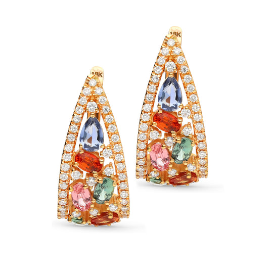 Multi Colored Sapphire Cluster Triangular Earrings - 7 Carat