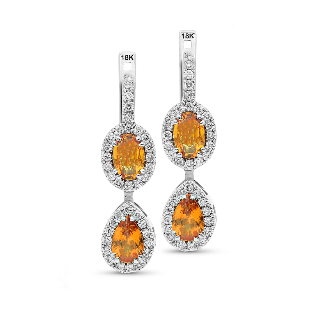 Oval and Pear Orange Sapphire Double Drop Earrings - 3.3 Carat