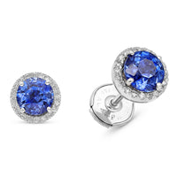 White Gold Round Blue Sapphire and Diamond Halo Studs - 2.6 Carat