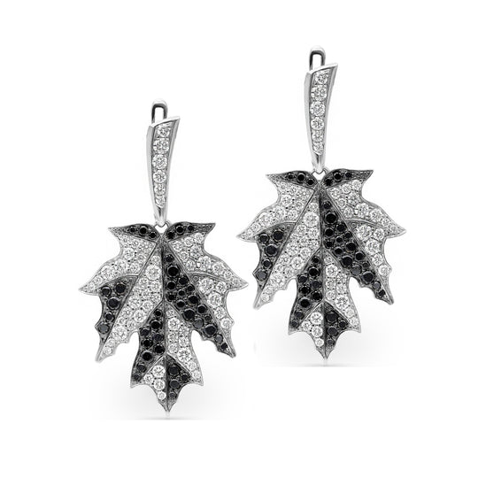 White and Black Diamond Maple Leaf Drop Earrings - 2.4 Carat