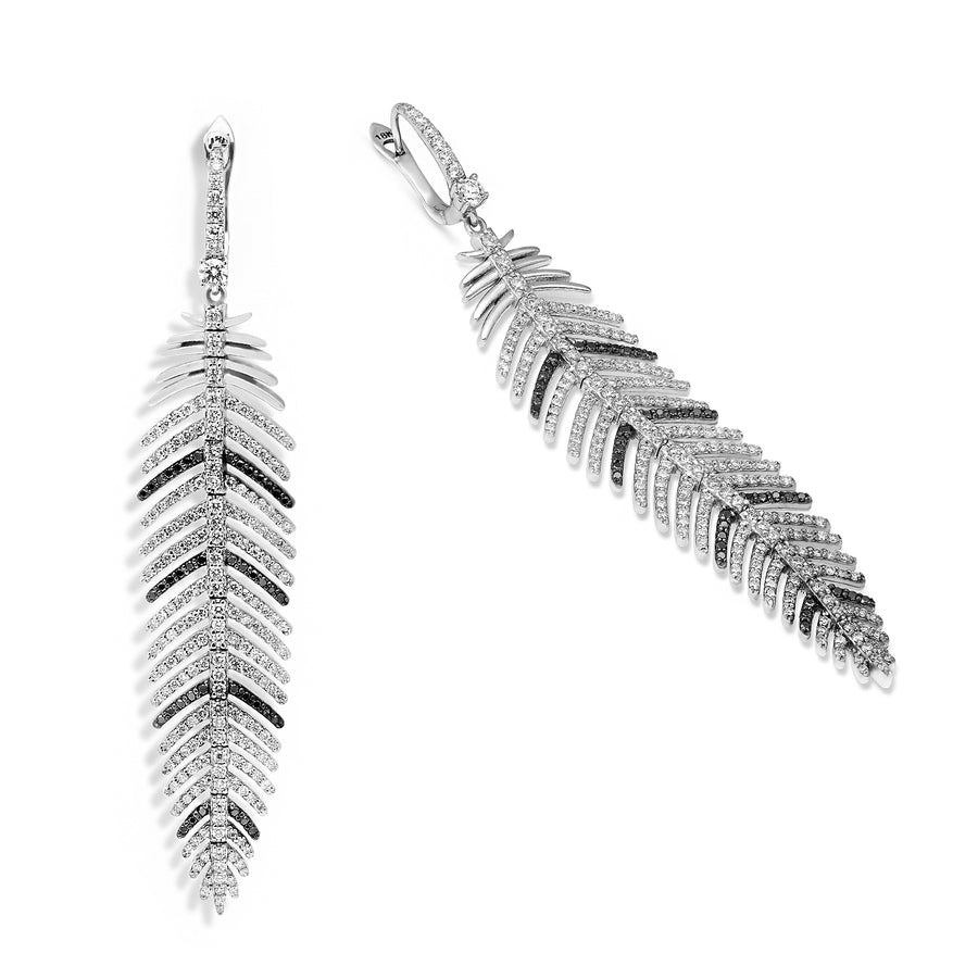 White and Black Diamond Feather Dangling Earrings - 3.9 Carat
