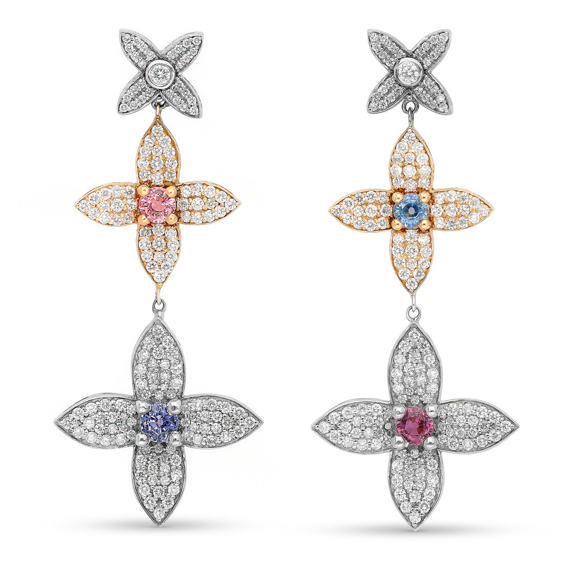 Four Leaf Clover Diamond and Sapphire Dangling Earrings - 3.5 Carat