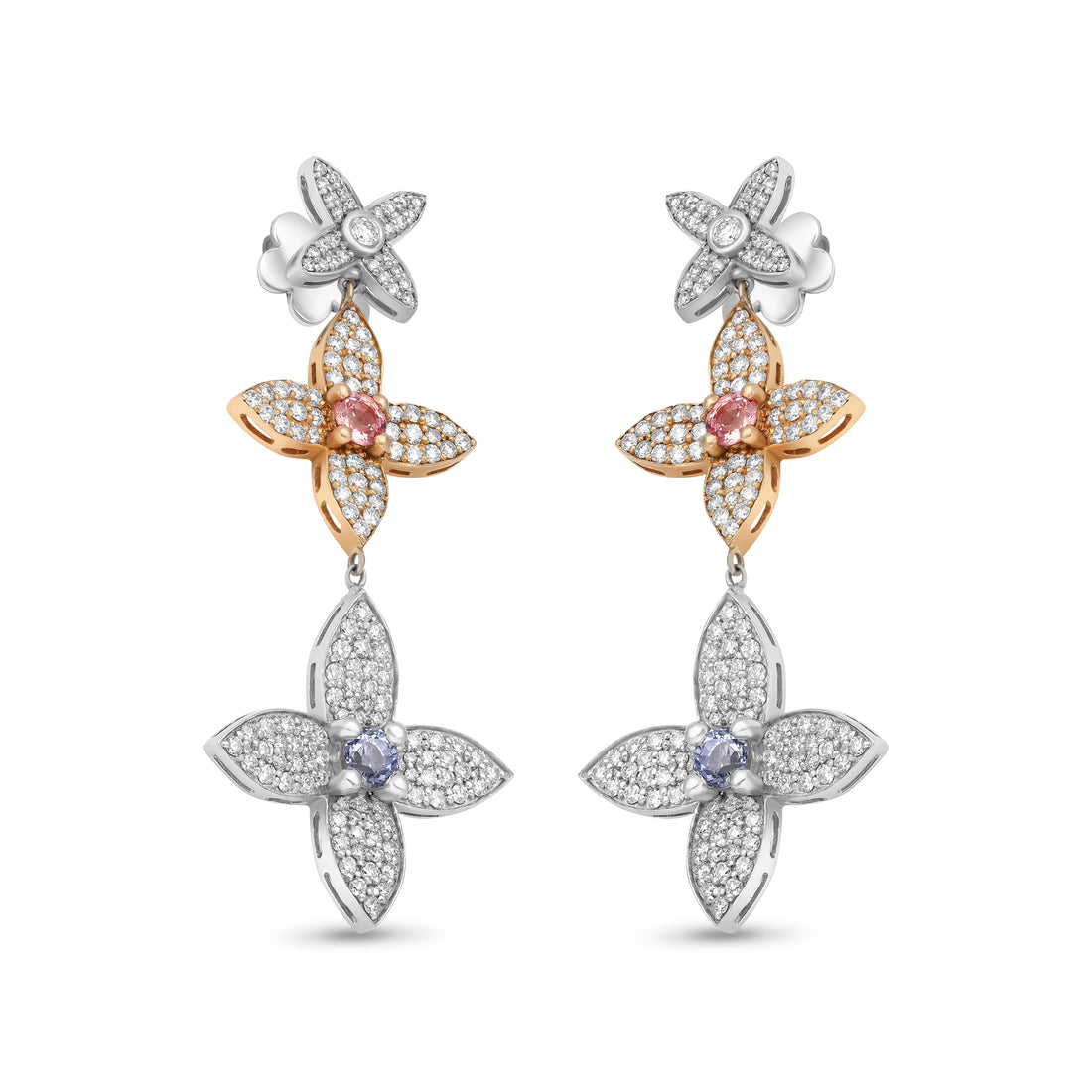 Beautiful Flower Star Blossom Diamond Long Earrings Double Drop