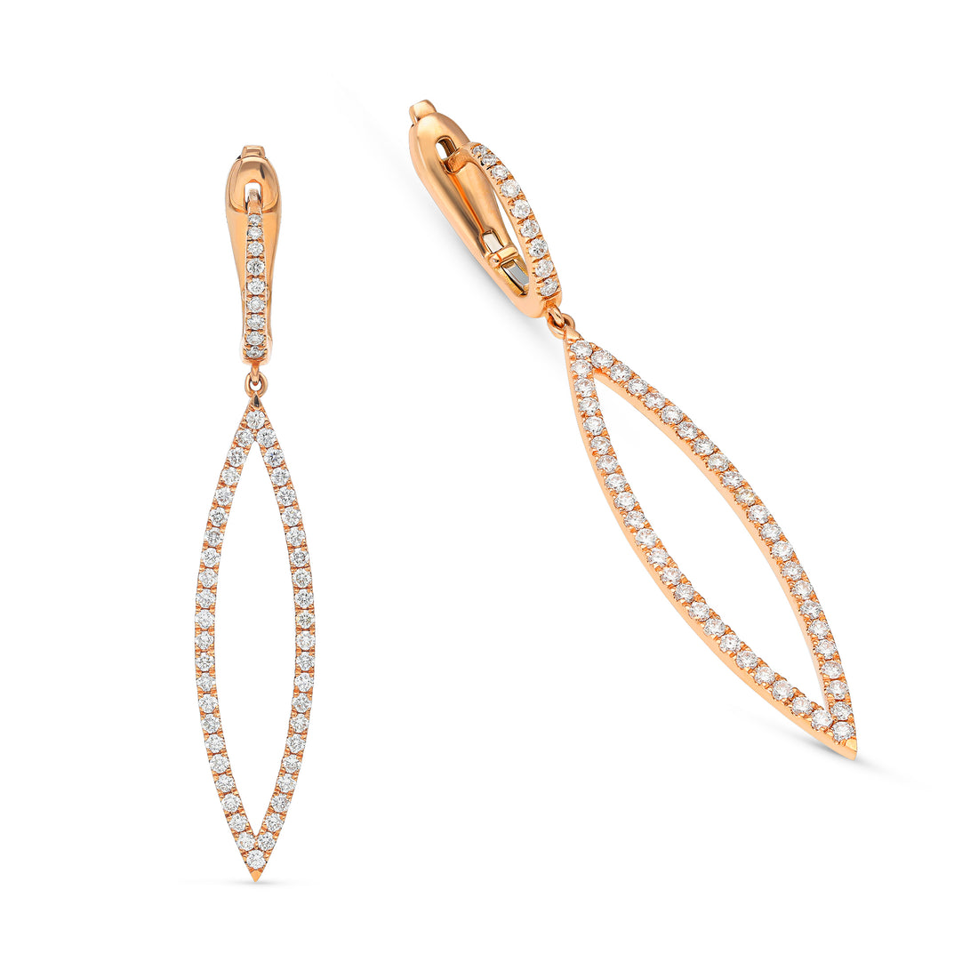 Rose Gold Diamond Pave-Lined Open Marquise Shaped Dangling Earrings