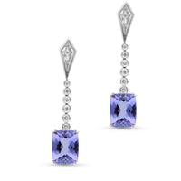 Cushion Cut Tanzanite and Diamond Linear Drop Earrings - 4.87 Carat