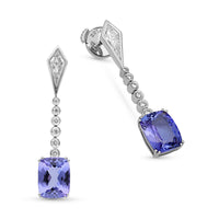 Cushion Cut Tanzanite and Diamond Linear Drop Earrings - 4.87 Carat