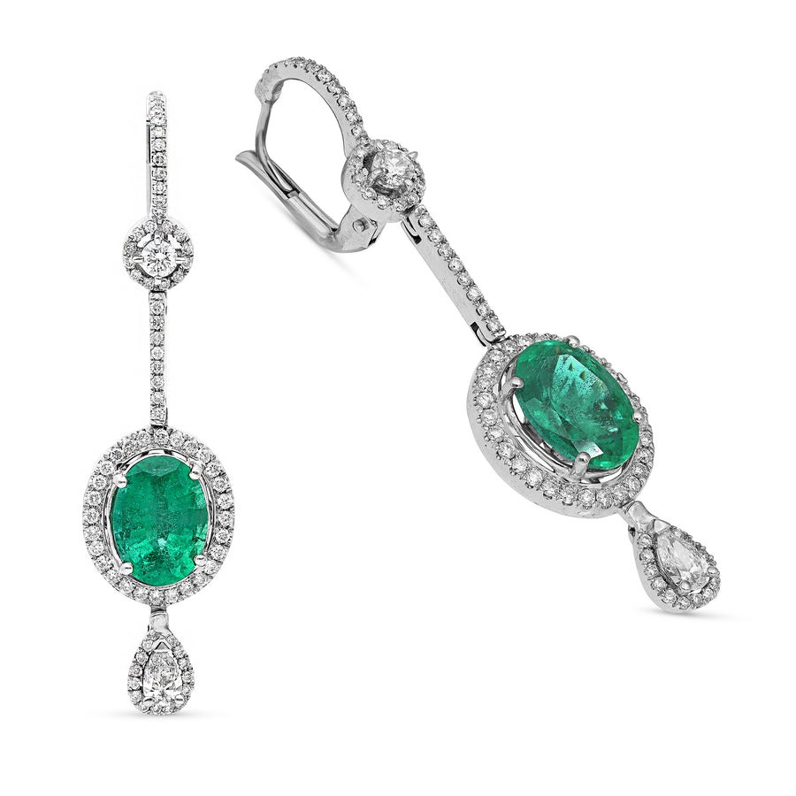 Oval Cut Green Emerald and Diamond Dangle Birthstone Earrings - 6.45 Carat