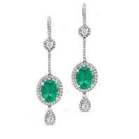 Oval Cut Green Emerald and Diamond Dangle Birthstone Earrings - 6.45 Carat