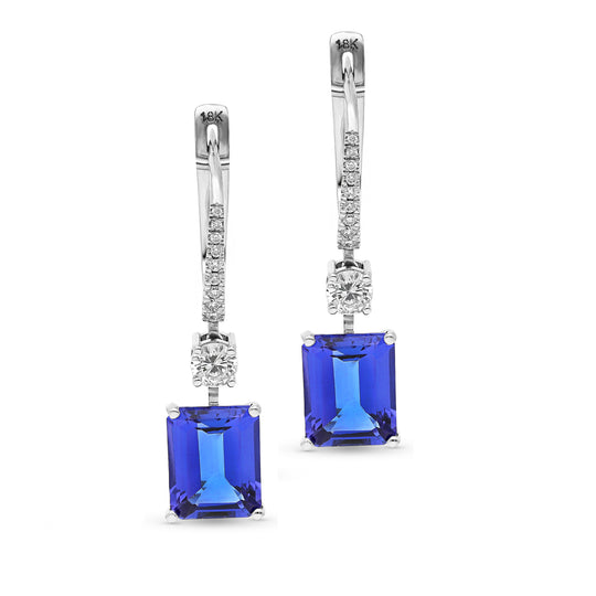 Blue Tanzanite and Diamond Dangling Earrings - 6.4 Carat