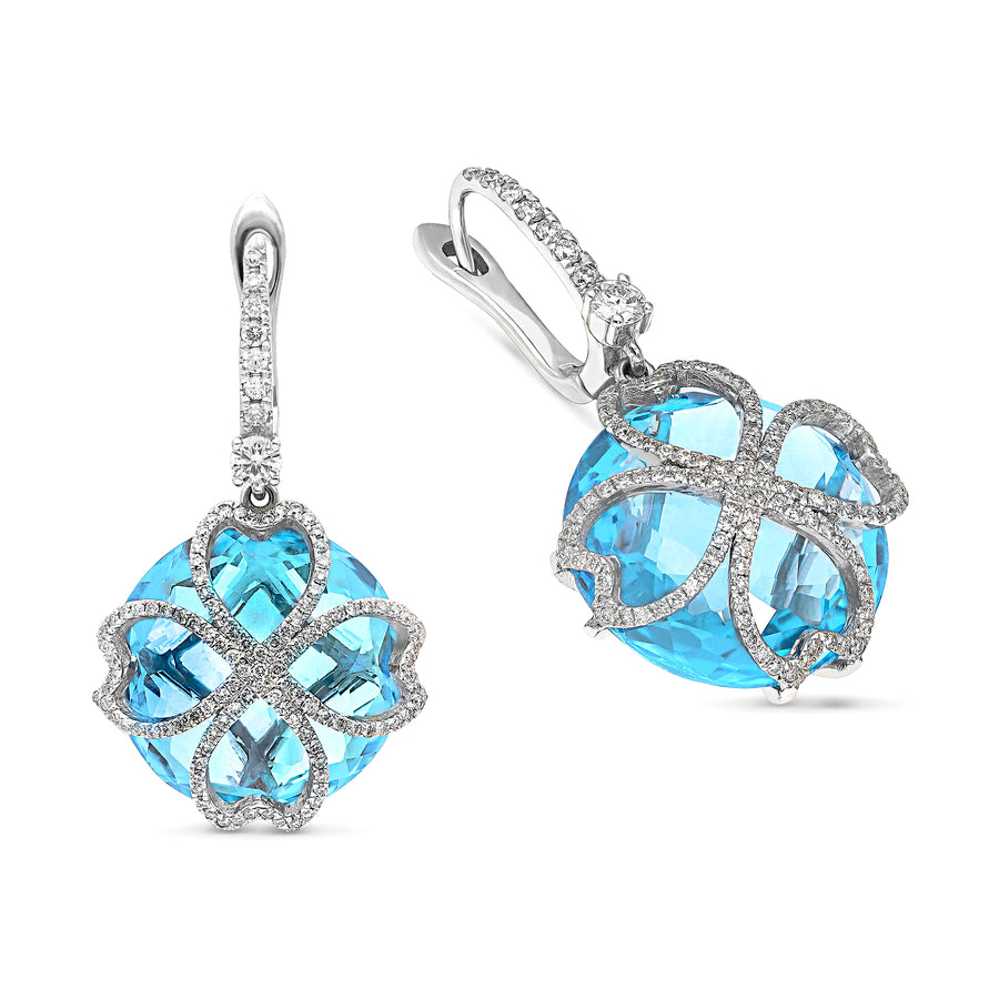 Blue Topaz and Diamond Four Leaf Clover Design Dangle Earrings - 30 Carat