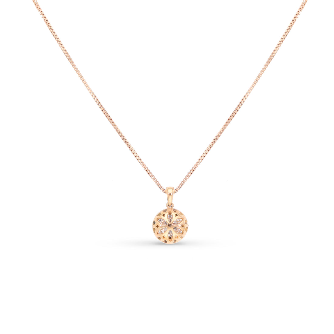 1.12 Classic Halo diamond pendant set in 18K rose gold  Center Diamond:   Weight: 1.01 Shape: Round  Color: D Clarity: SI2 Side Stones:  0.11 Carat micro pave setting