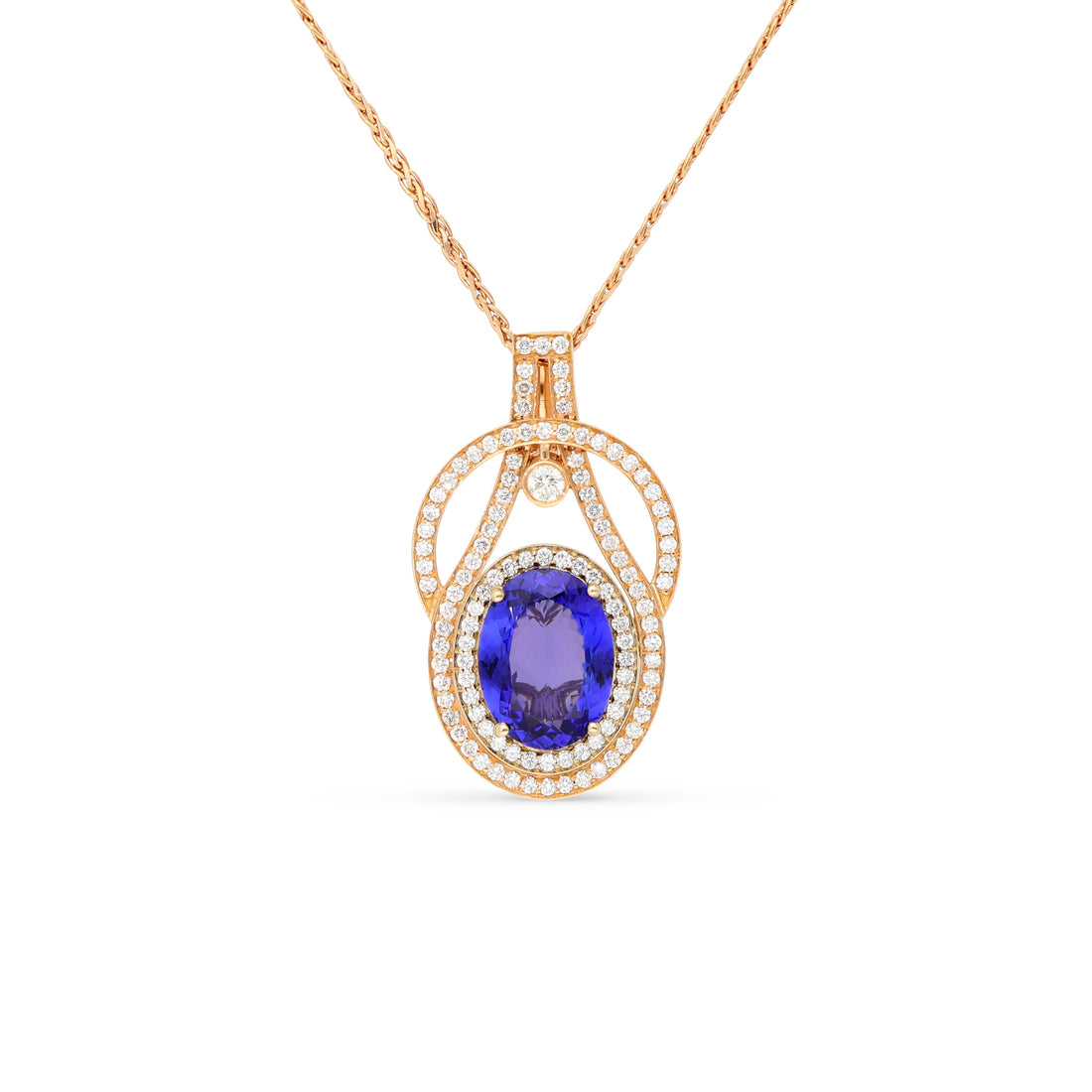 7.20 CTW OVAL TANZANITE HALO DIAMONDS PENDANT 18K ROSE AND YELLOW GOLD 