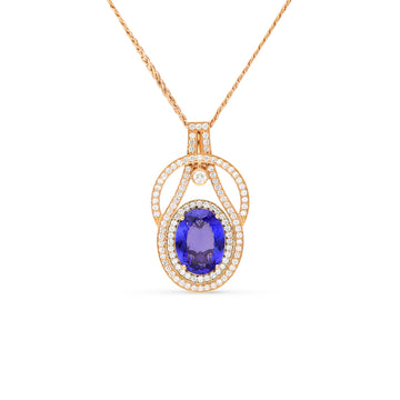 7.20 CTW OVAL TANZANITE HALO DIAMONDS PENDANT 18K ROSE AND YELLOW GOLD 