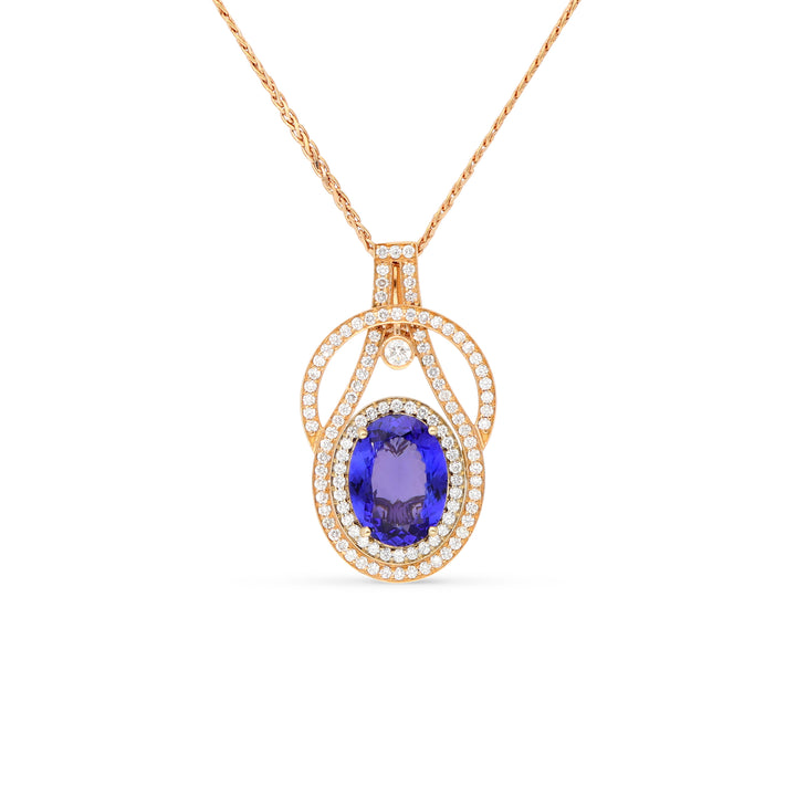 7.20 CTW OVAL TANZANITE HALO DIAMONDS PENDANT 18K ROSE AND YELLOW GOLD 