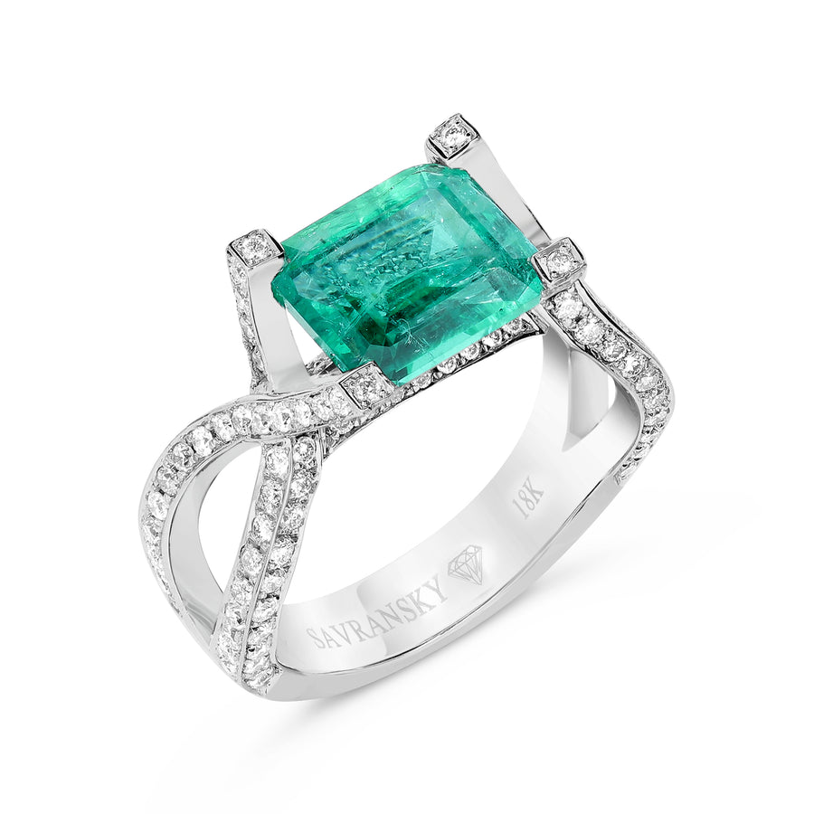 Emerald Diamond Ring, Infinity Split Shank May Birthstone Ring