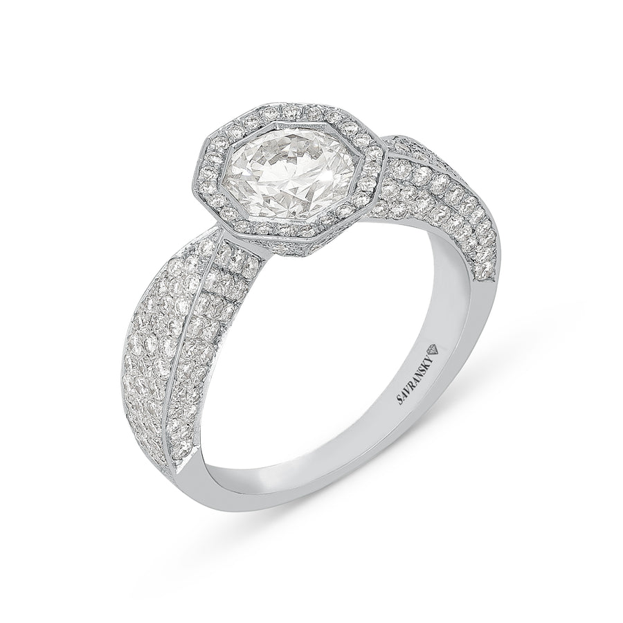 Pave Setting Brilliant Cut Hexagon Halo Engagement Ring