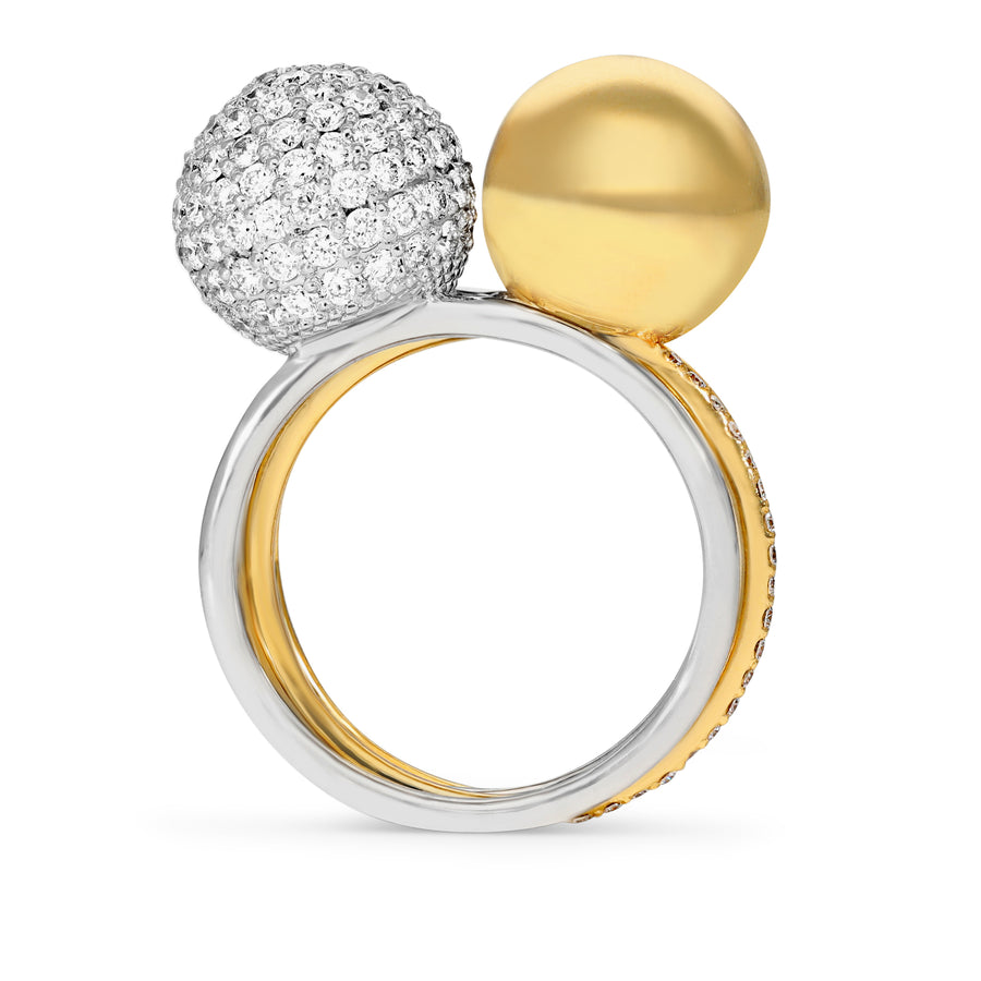 Two Tone Yellow and White Gold Combo Pave Bauble Ring