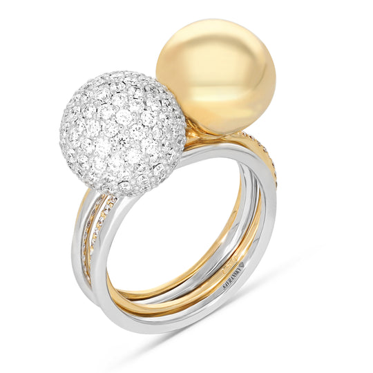 Two Tone Yellow and White Gold Combo Pave Bauble Ring