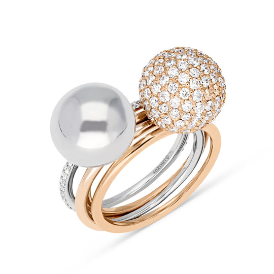 Two Tone Rose and White Gold Combo Pave Bauble Ring