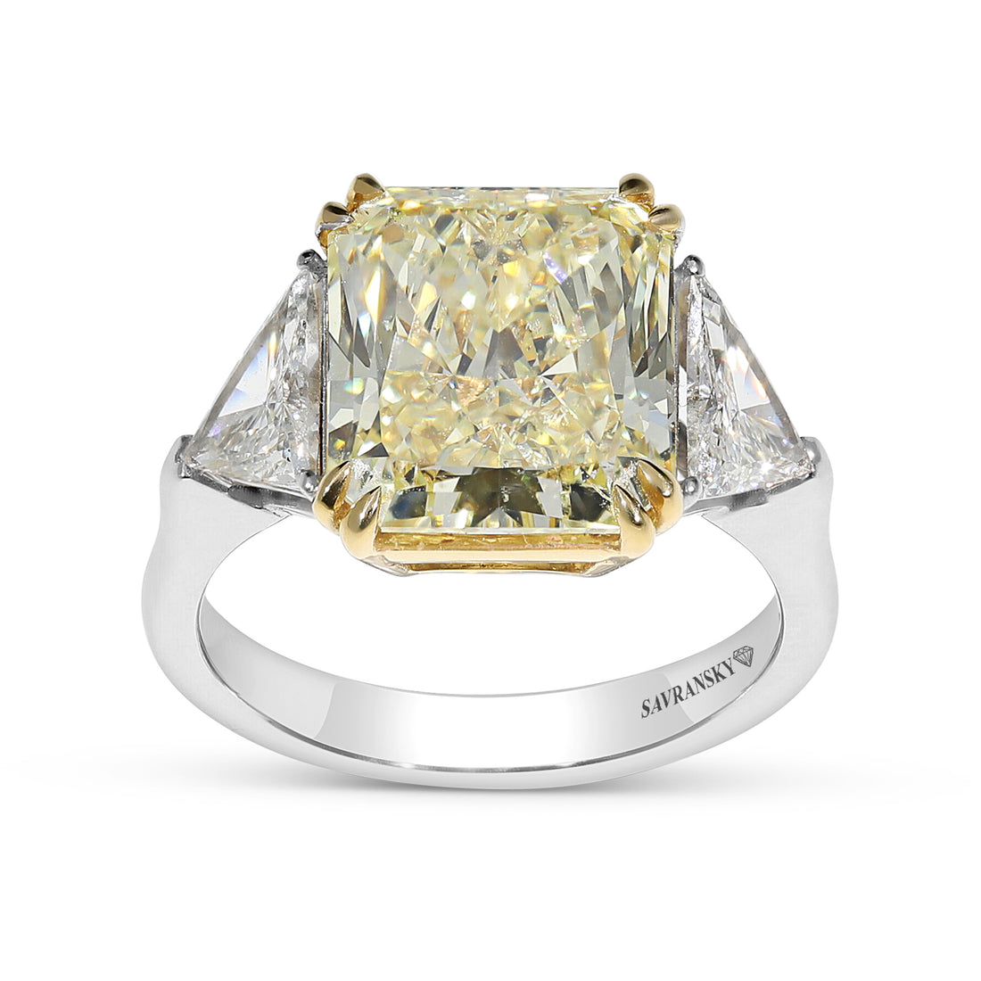 Radiant Fancy Yellow Three Stone Trillion Ring - 7.4 Carat