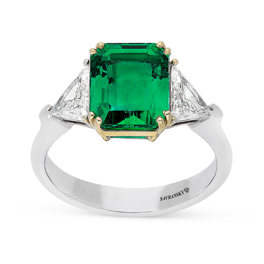 Green Emerald with Trillion Side Stones Birthstone Ring