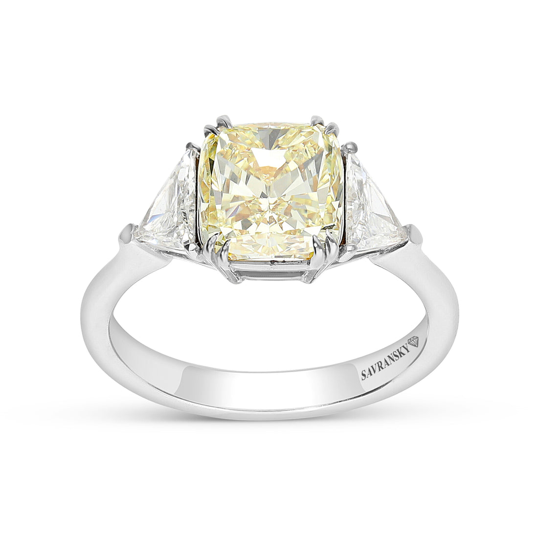 3 Carat Cushion Cut Fancy Intense Yellow Three Stone Trillion Ring