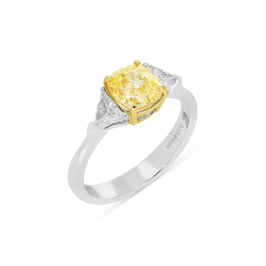 Cushion Cut Fancy Intense Yellow Three Stone Trillion Ring