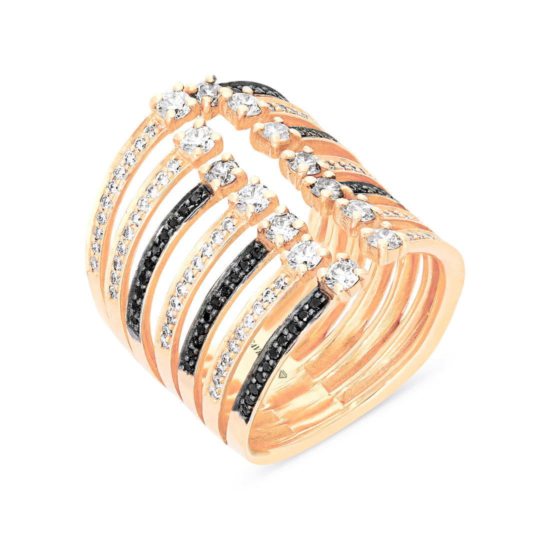 Multi Row Pave Lined Black and White Diamond Elongated Band Ring