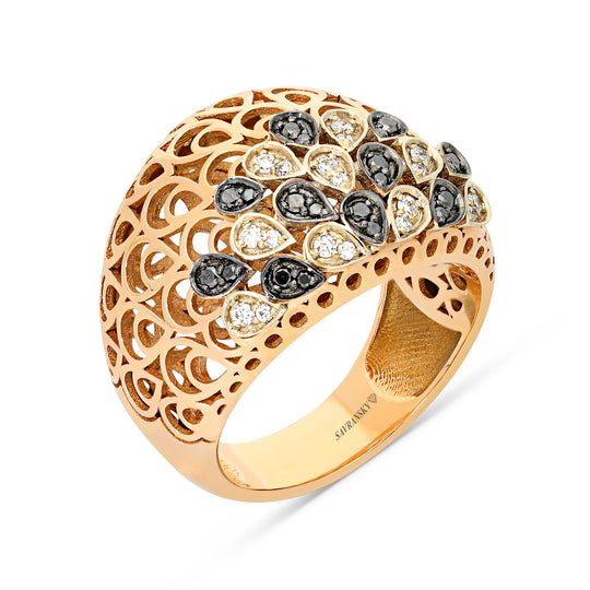 Rose Gold White and Black Diamond Peacock Statement Ring