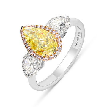 Fancy Yellow Pear Shape Three Stone Engagement Ring