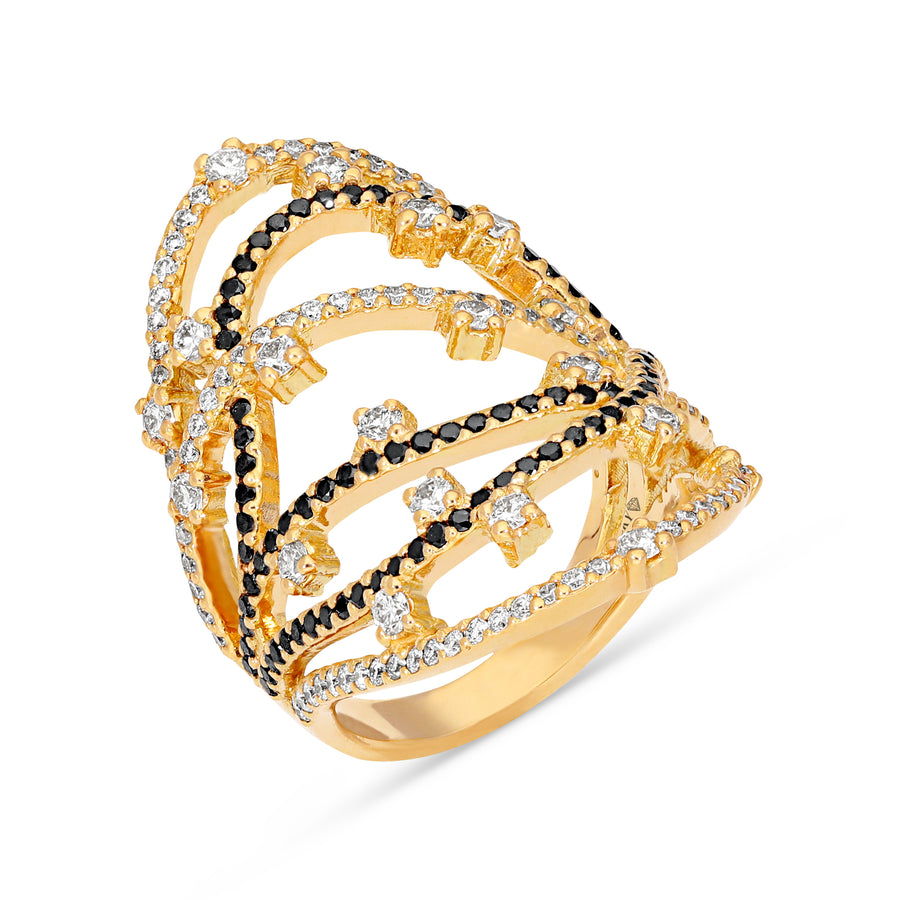 Yellow Gold Fashion Multi Layer White and Black Diamond Elongated Ring