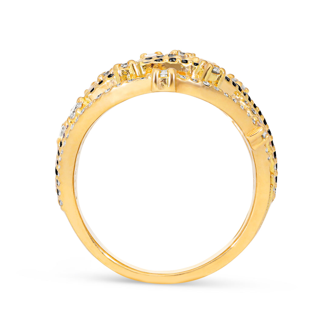 Yellow Gold Fashion Multi Layer White and Black Diamond Elongated Ring