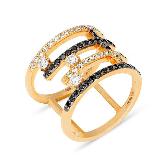 Multi Row Bypass Rose Gold White and Black Diamond Ring