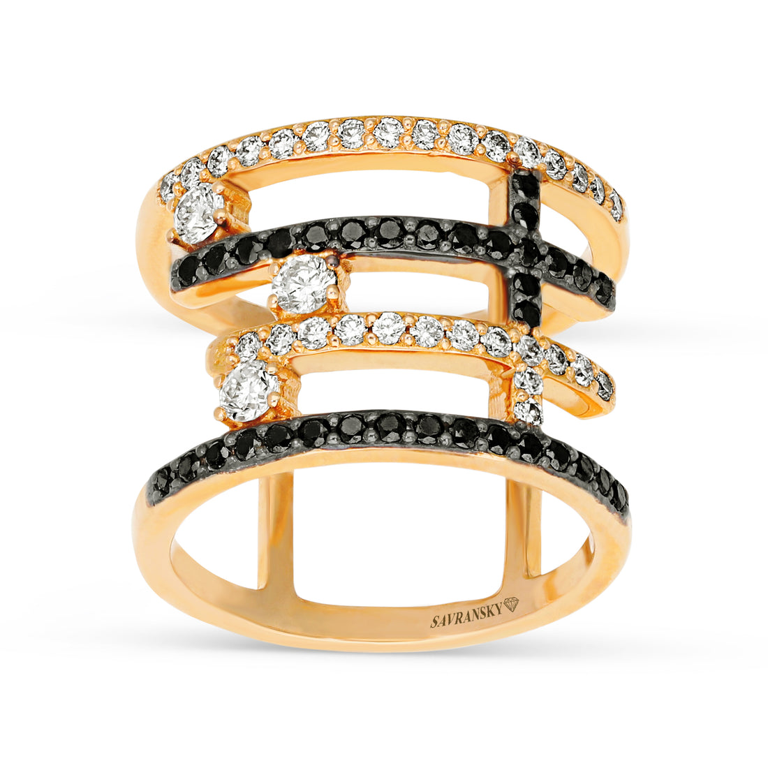 Multi Row Bypass Rose Gold White and Black Diamond Ring