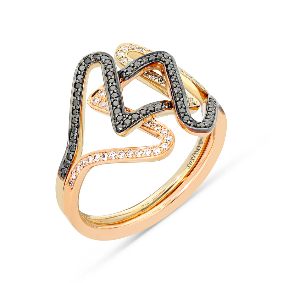 Rose Gold White and Black Diamond Intertwined Star of David Ring
