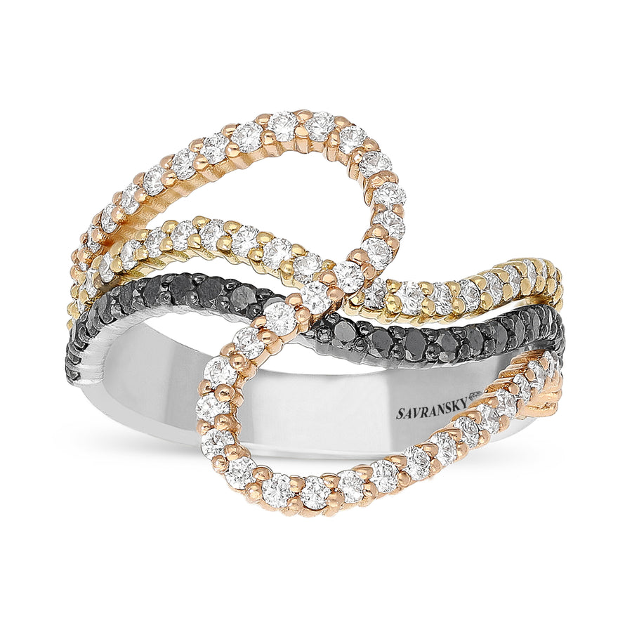 White and Black Diamond Crossover Ring in Tri Color Gold