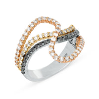 White and Black Diamond Crossover Ring in Tri Color Gold