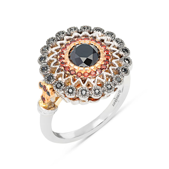 Fancy Black Diamond Flower Shaped Cocktail Ring - 1.5 Carat