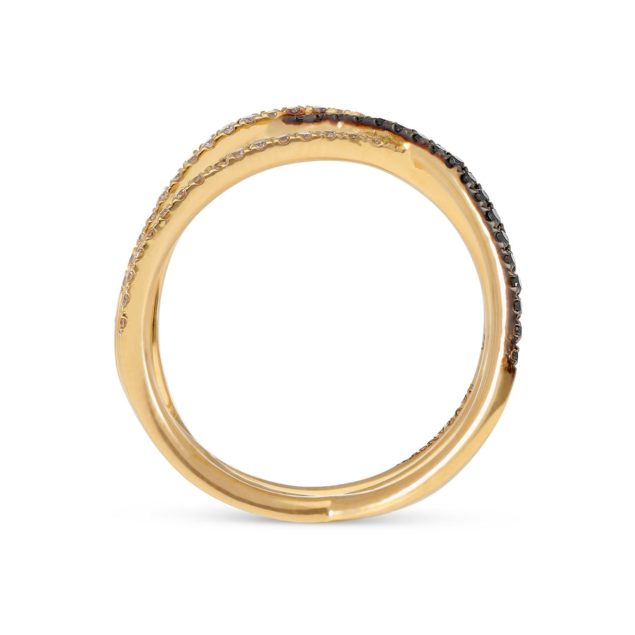 White and Black Diamond Yellow Gold Triple Crossover Band Ring