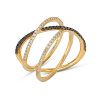 White and Black Diamond Yellow Gold Triple Crossover Band Ring