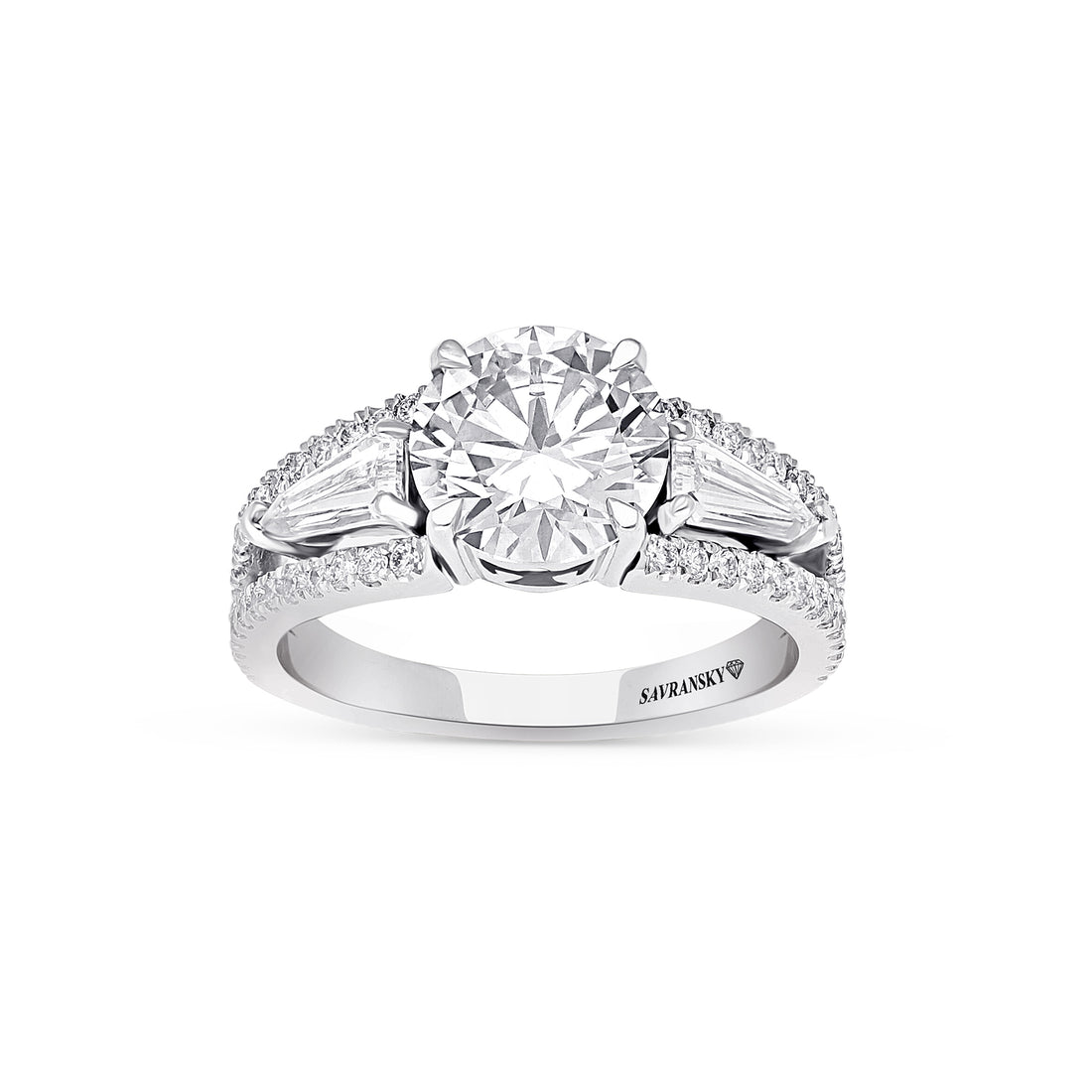 White Gold Three Stone Trillion And Pave Diamond Engagement Ring