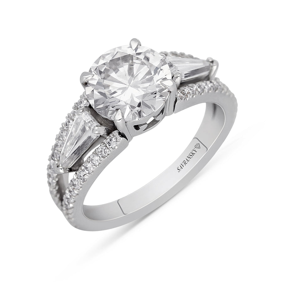 White Gold Three Stone Trillion And Pave Diamond Engagement Ring